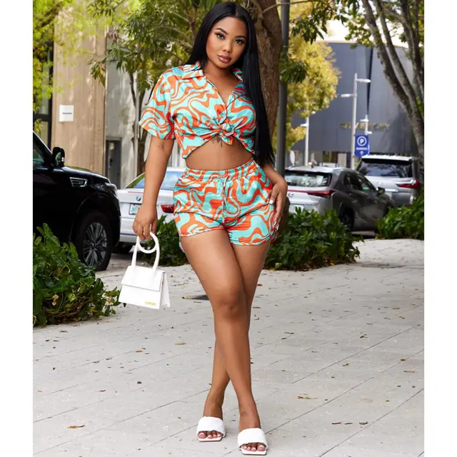 European And American Foreign Trade Women's Clothing Corrugated Printed Short sleeved Shirt Casual Hot Pants Suit Printed Red - Shop at LoveMi