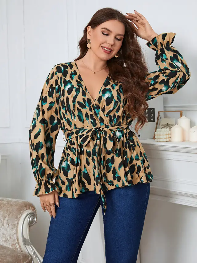 Large Size Commuter Leopard Print Top Waist Slimming Versatile Ginger Yellow - Shop at LoveMi