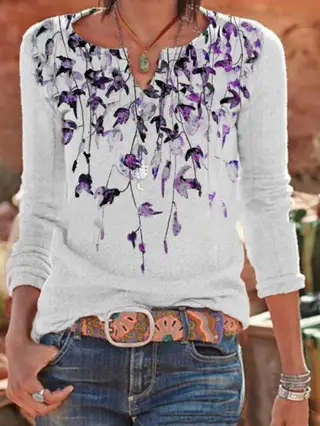 European And American Round Neck Leaves Printed V-neck Casual Loose-fitting T-shirt - Purple