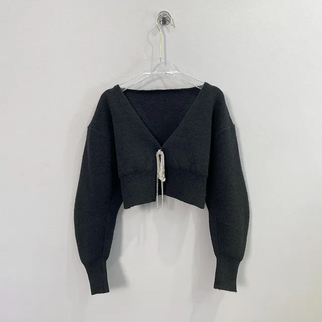 V neck Long sleeved Sweater Women's Short Coat Black - Shop at LoveMi
