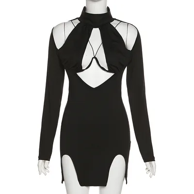 Long Sleeve Solid Color Slimming Buttock Dress Black - Shop at LoveMi