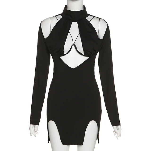 Long Sleeve Solid Color Slimming Buttock Dress Black - Shop at LoveMi