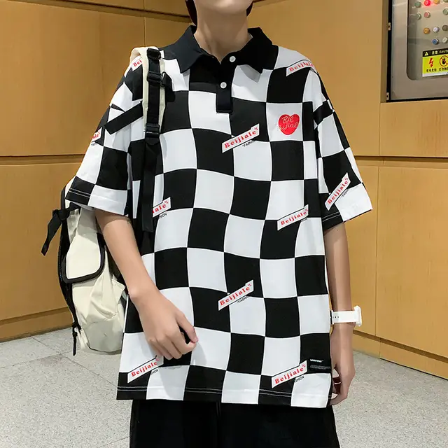Retro Check Color Matching POLO Collar Short Sleeves Black - Shop at LoveMi