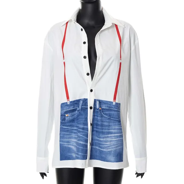 Casual Printing Lapel Button Long Sleeve Loose Shirt Top White - Shop at LoveMi