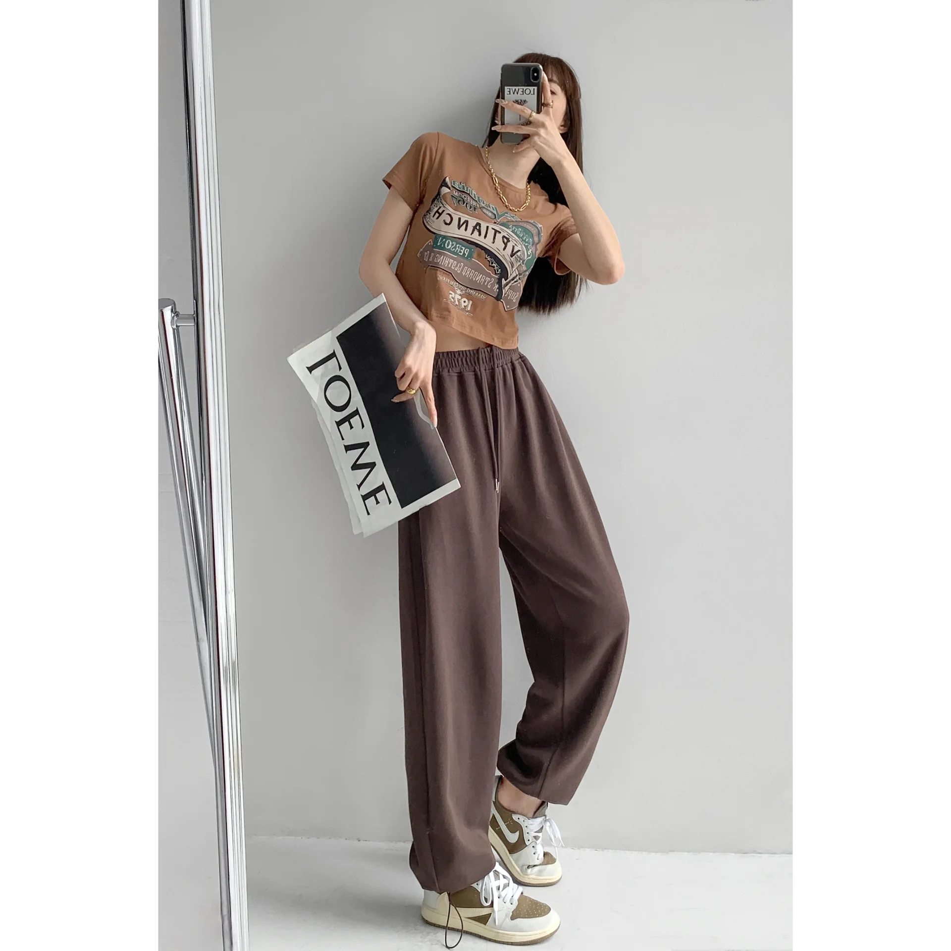 American Loose Bundle Feet Casual Slimming Spice Girl Street Sweatpants - Coffee Color Thin Version - View 1