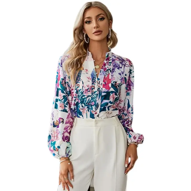 Women's Printed Balloon Sleeve Shirt Stand Collar Long Sleeves Flower Color - Shop at LoveMi