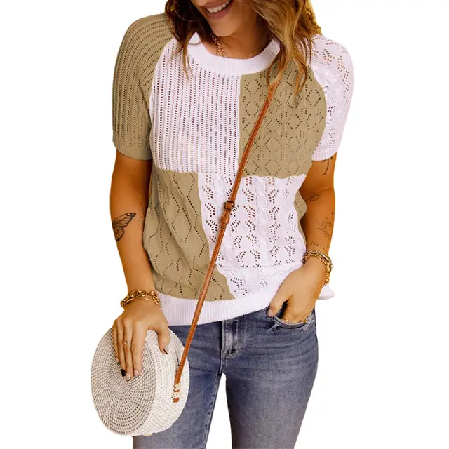 Fashion European American Summer New Color Block Knitted Short Sleeve T shirt Top Knitwear Khaki - Shop at LoveMi