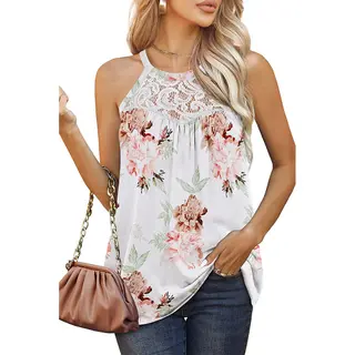 Womens Tank Tops Loose Fit Summer Lace Halter Tops Sleeveless Shirts - White Flowers