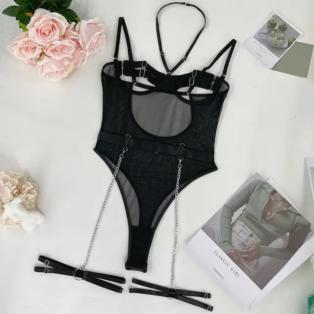 Black Mesh Spliced Bodysuit Female Black - Shop at LoveMi