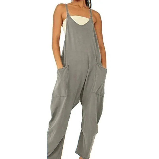 Summer Women's Loose Sleeveless Jumpsuits Spaghetti Strap Long Pant Romper Jumpsuit With Pockets Zipper Dark Gray - Shop at LoveMi