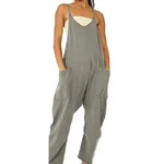Summer Women's Loose Sleeveless Jumpsuits Spaghetti Strap Long Pant Romper Jumpsuit With Pockets Zipper - Dark Gray