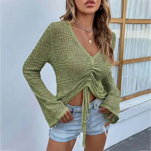 V Neck Drawstring Flare Sleeve Sweater Green - Shop at LoveMi