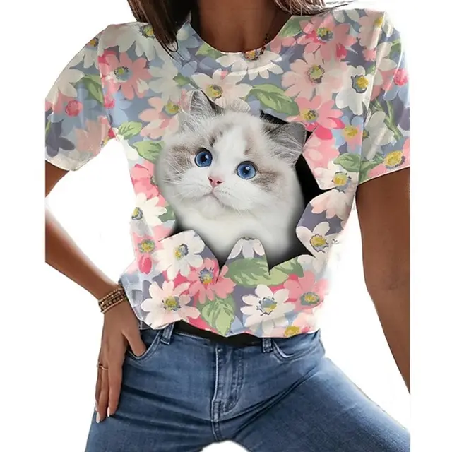 Independent Station Leisure Animal Digital Printing Short Sleeve Round Neck Floral Cat - Shop at LoveMi