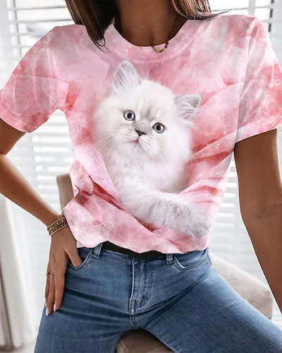 Independent Station Leisure Animal Digital Printing Short Sleeve Round Neck Pink Cat - Shop at LoveMi