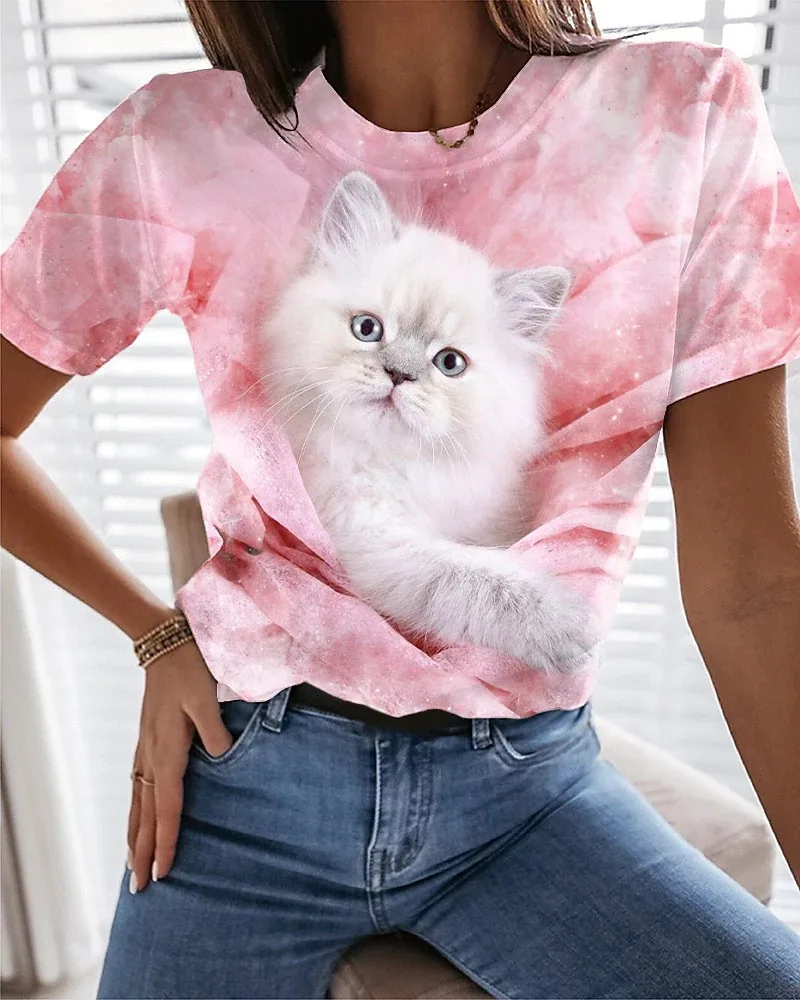Independent Station Leisure Animal Digital Printing Short Sleeve Round Neck Pink Cat - Shop at LoveMi