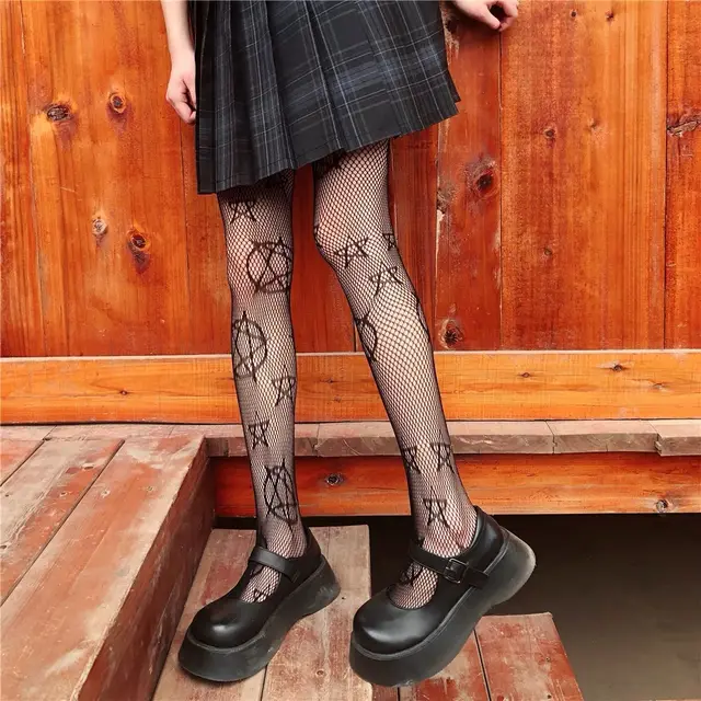 Magic Array Five pointed Star Jacquard Fishing Net Socks Plain Black - Shop at LoveMi
