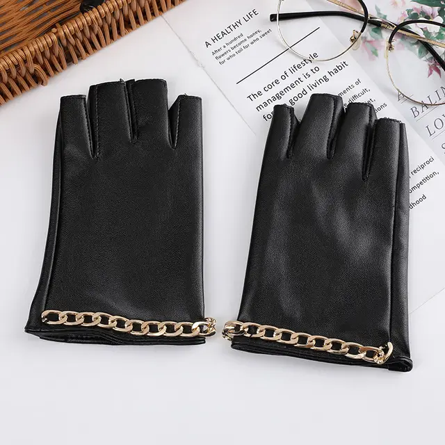 Fashion PU Leather Steampunk Women's Half Finger Gloves Chain Item 15X9Cm - Shop at LoveMi