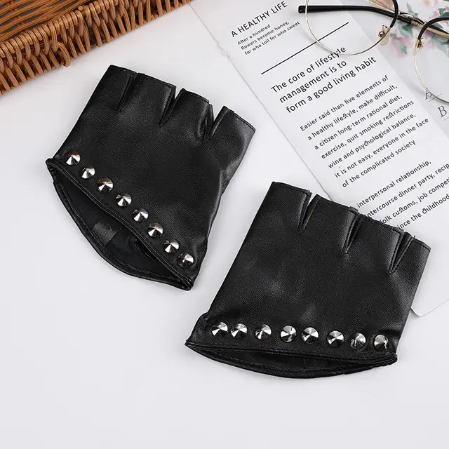 Fashion PU Leather Steampunk Women's Half Finger Gloves Rivet 11.5X10Cm - Shop at LoveMi