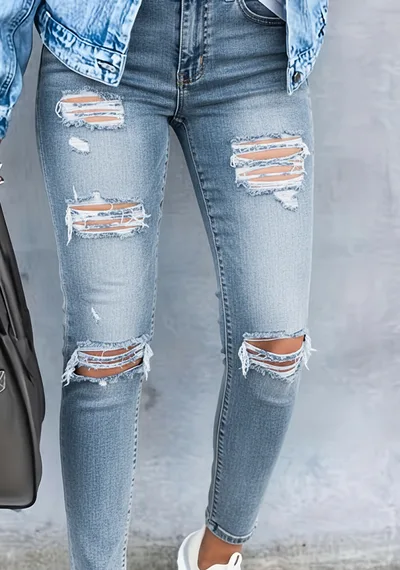 Black And White Stretch Ripped Jeans Women's Leggings Blue A - Shop at LoveMi