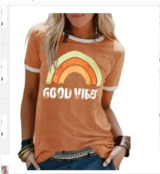 Women's Printed Round Neck Short Sleeve T-shirt - Orange