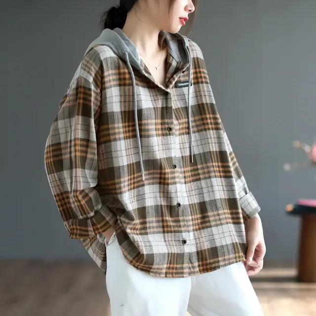 Literary Casual Large Hooded Shirt Yellow Grey Grid - Shop at LoveMi