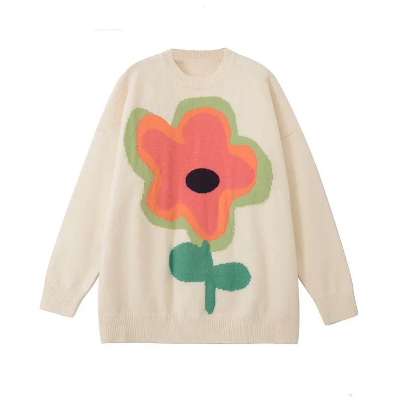 Large Flower Sweater Round Neck Long Sleeve - Beige