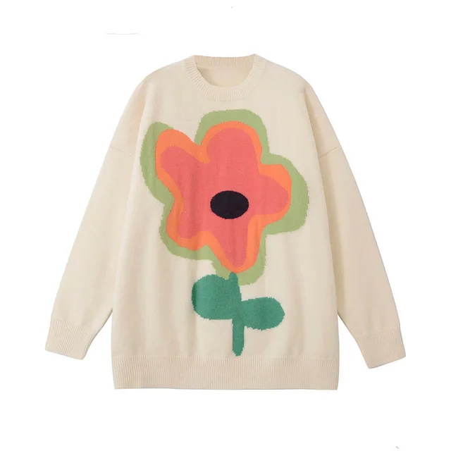 Large Flower Sweater Round Neck Long Sleeve Beige - Shop at LoveMi