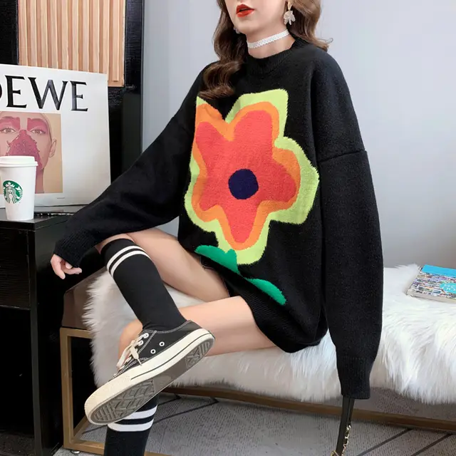 Large Flower Sweater Round Neck Long Sleeve Black - Shop at LoveMi