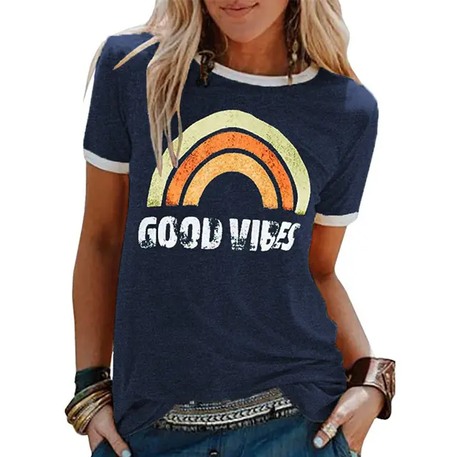 Fashion Rainbow Print Crew Neck Short Sleeve Dark Blue - Shop at LoveMi