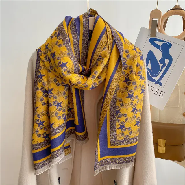 Autumn And Winter Five pointed Star Warm Scarf Female Long Thickened Artificial Cashmere Scarf Blue Yellow - Shop at LoveMi