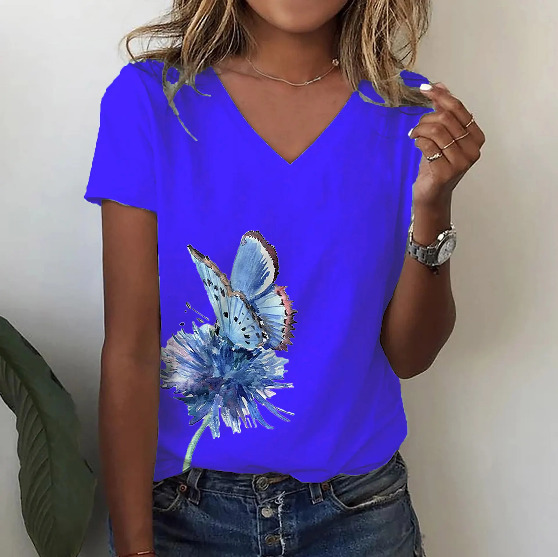 Fashion Butterfly Print V-neck Short Sleeve - Dp52