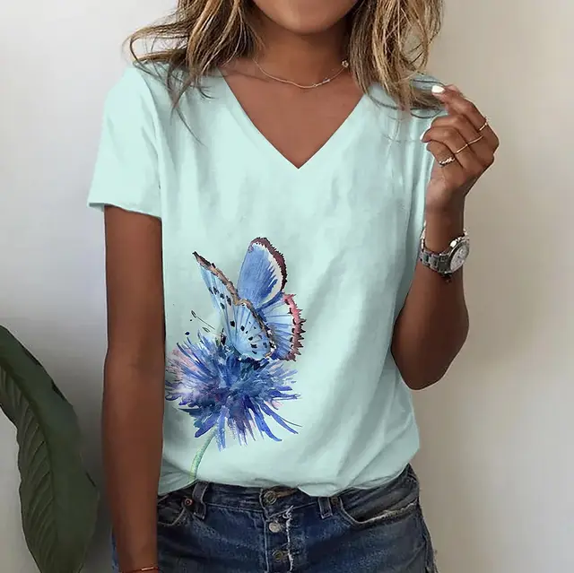 Fashion Butterfly Print V neck Short Sleeve Dp54 - Shop at LoveMi