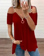 Low Cut Metal Strap Zippered Off Shoulder T Shirt - Red