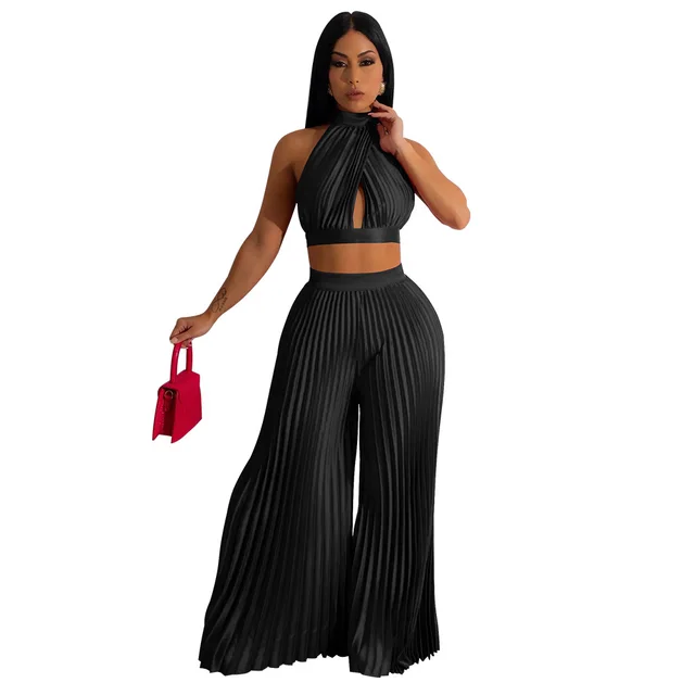 Women's Halter Silk like Pleated Wide leg Pants Two piece Set Black - Shop at LoveMi