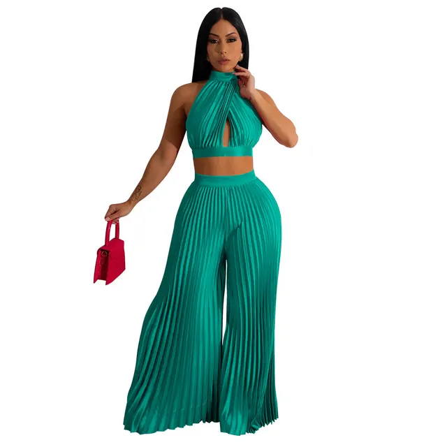 Women's Halter Silk like Pleated Wide leg Pants Two piece Set Green - Shop at LoveMi
