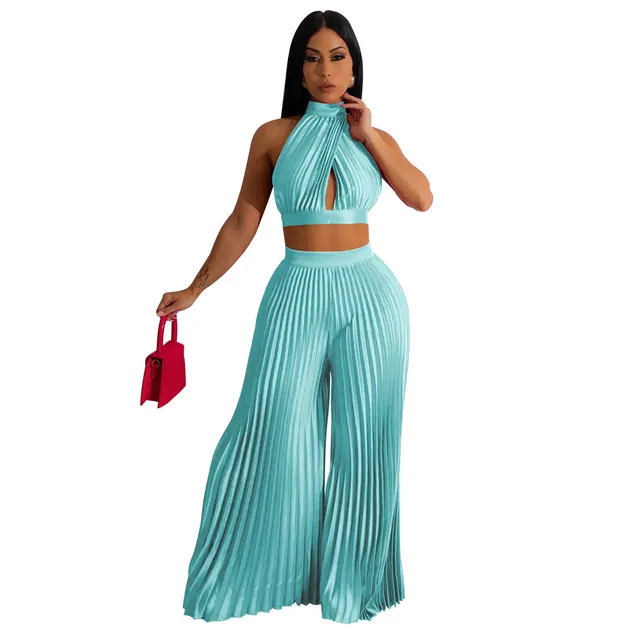 Women's Halter Silk like Pleated Wide leg Pants Two piece Set Light Blue - Shop at LoveMi
