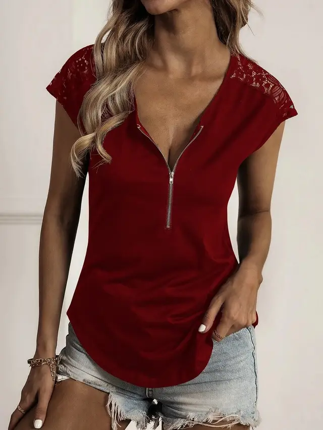 Round Neck Half Zip Panel Lace Short Sleeves Red - Shop at LoveMi
