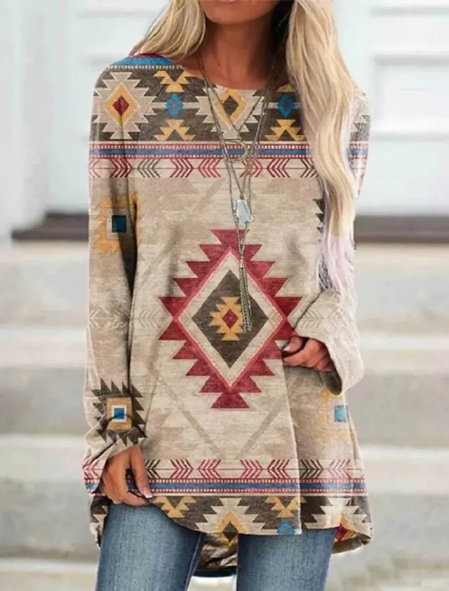 Long T shirt Dress Retro Ethnic Style Color2 - Shop at LoveMi
