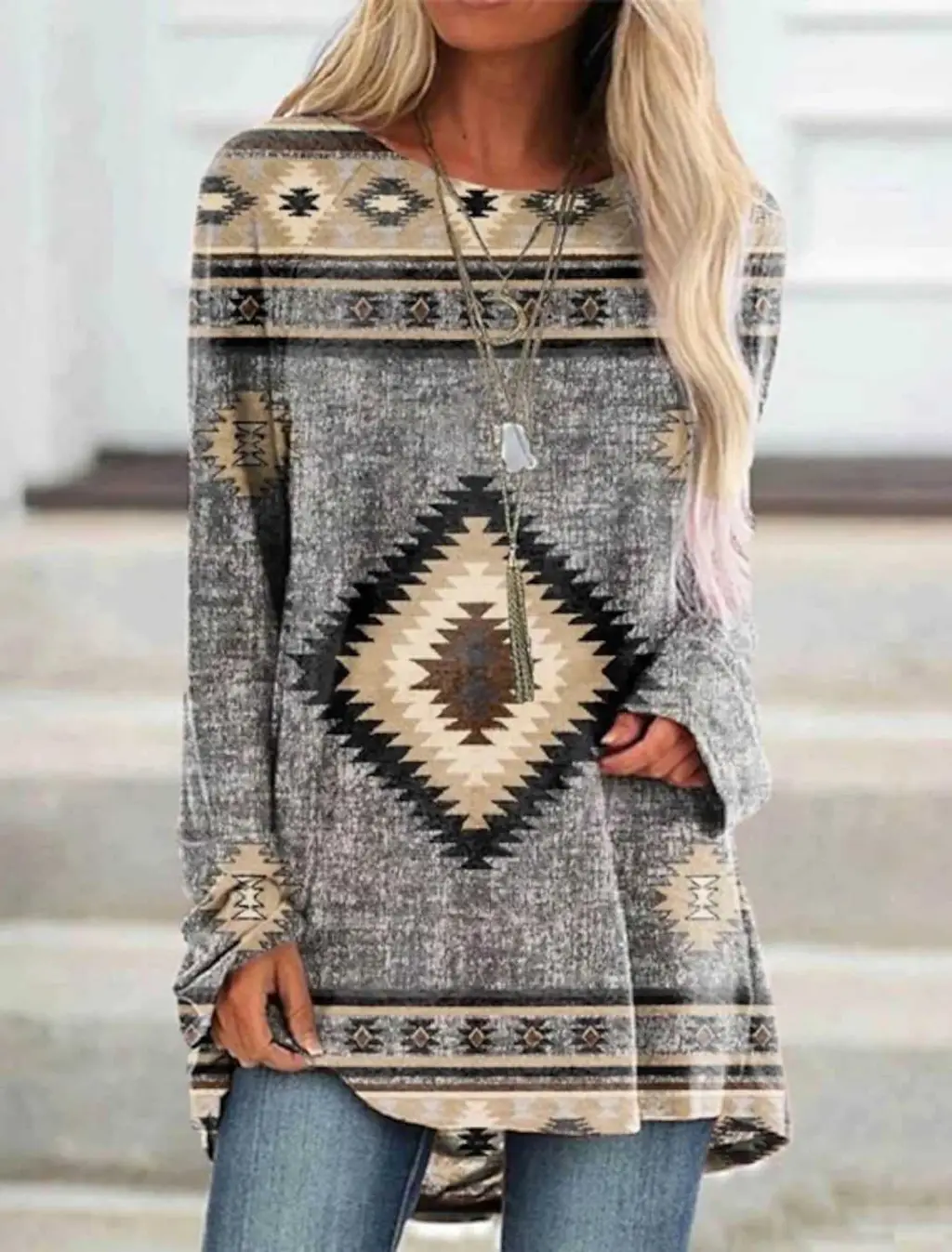 Long T-shirt Dress Retro Ethnic Style - Color7