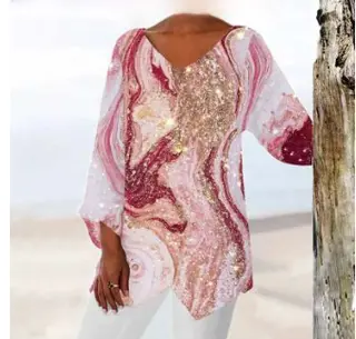 Geometric Print Long Sleeve Panel V-Neck Shirt - T15