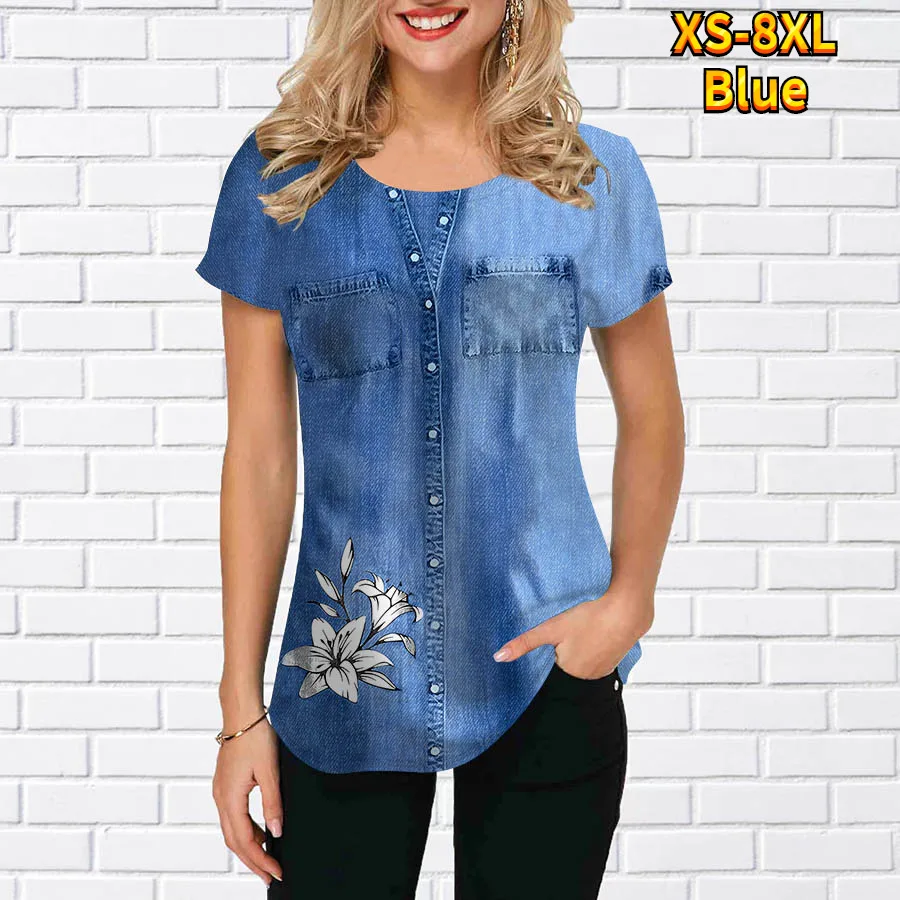 3D Printing Casual Loose Fashion T shirt Blue - Shop at LoveMi