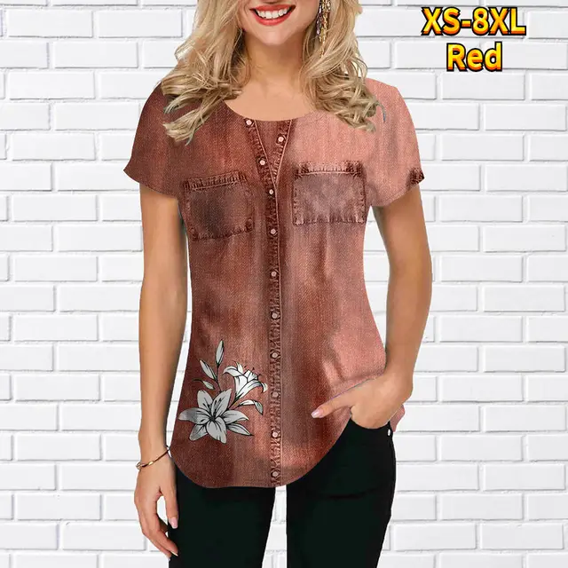 3D Printing Casual Loose Fashion T shirt Red - Shop at LoveMi