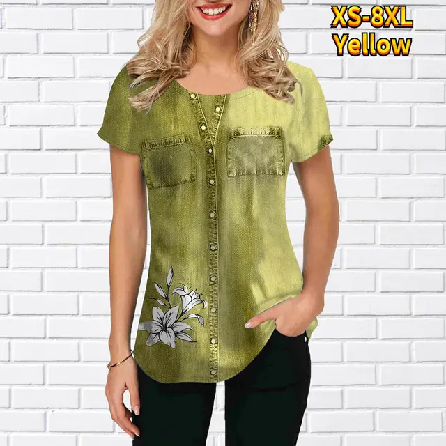 3D Printing Casual Loose Fashion T shirt Yellow - Shop at LoveMi