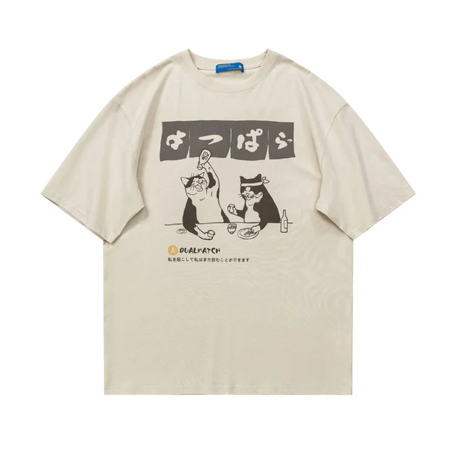 Letter Cartoon Print Breathable Loose Round Neck Short Sleeve T Shirt Beige Apricot - Shop at LoveMi