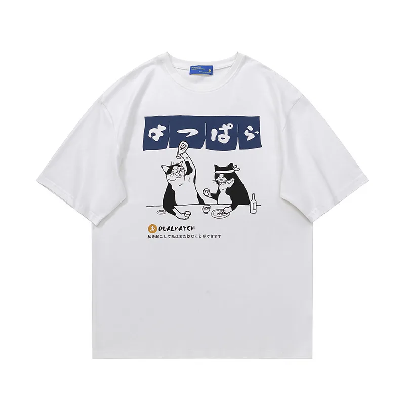 Letter Cartoon Print Breathable Loose Round Neck Short Sleeve T Shirt White - Shop at LoveMi