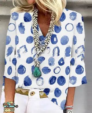 Ethnic Style V Neck Printed Women's Casual Shirt - White