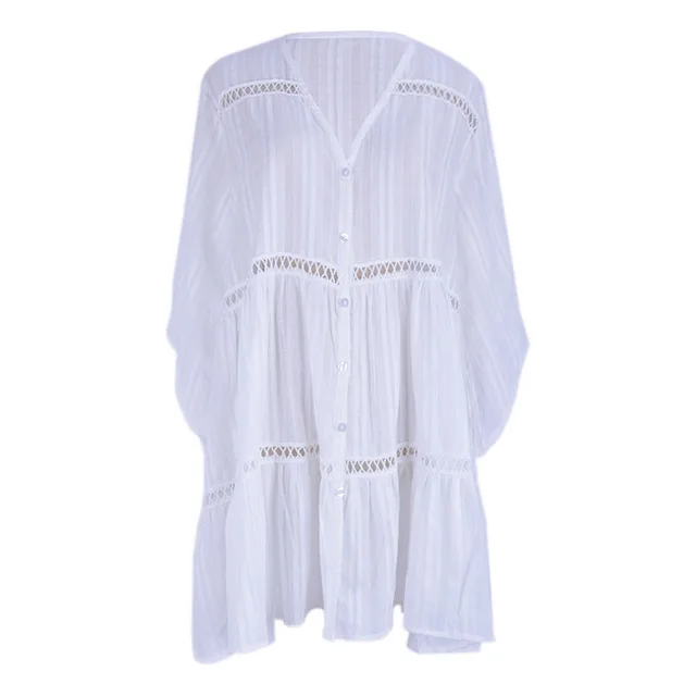 Cotton Jacquard Button Loose Sleeve Sunscreen Clothing For Women White - Shop at LoveMi