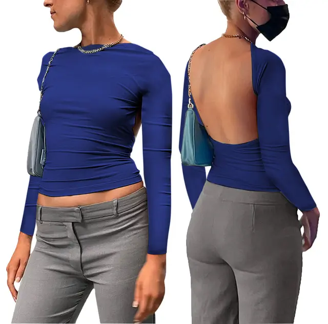 Long Sleeve Solid Color Reverse Female Small Top Purple Blue - Shop at LoveMi