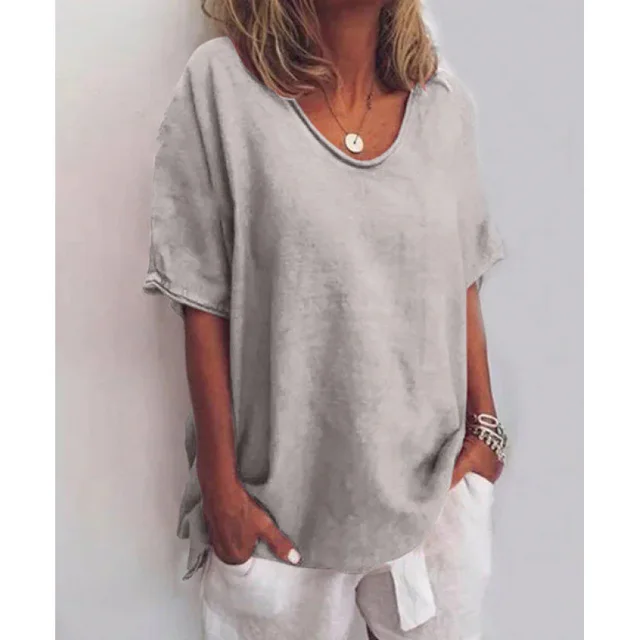 Cotton And Linen Solid Color Short sleeved T shirt Women's Casual Coat Grey - Shop at LoveMi