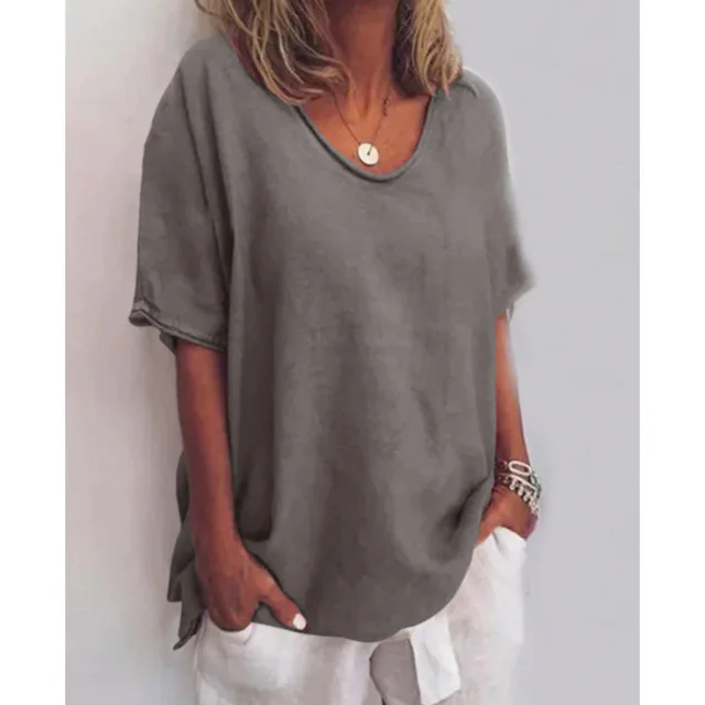 Cotton And Linen Solid Color Short sleeved T shirt Women's Casual Coat V2H2501161142 - Shop at LoveMi